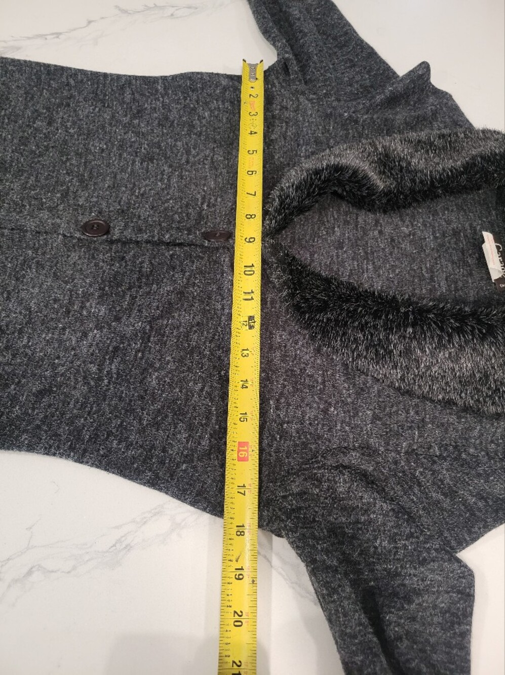 Vintage 90s Whimsigoth Long Charcoal Gray Button-Front Faux Fur Collar Cardigan - Picture 7 of 9